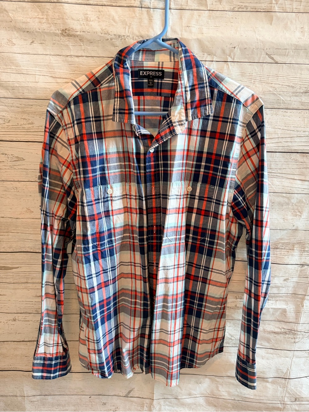 Express Men’s Plaid Button-Down Shirt - Navy, orange & White